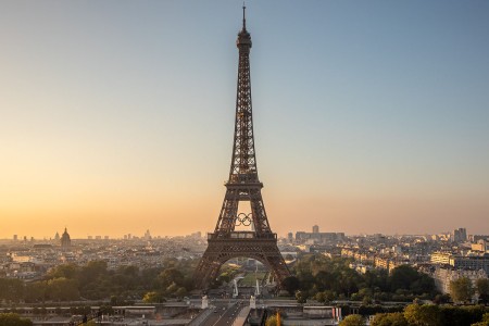 Photo of the Eiffel Tower displaying the Olympic rings